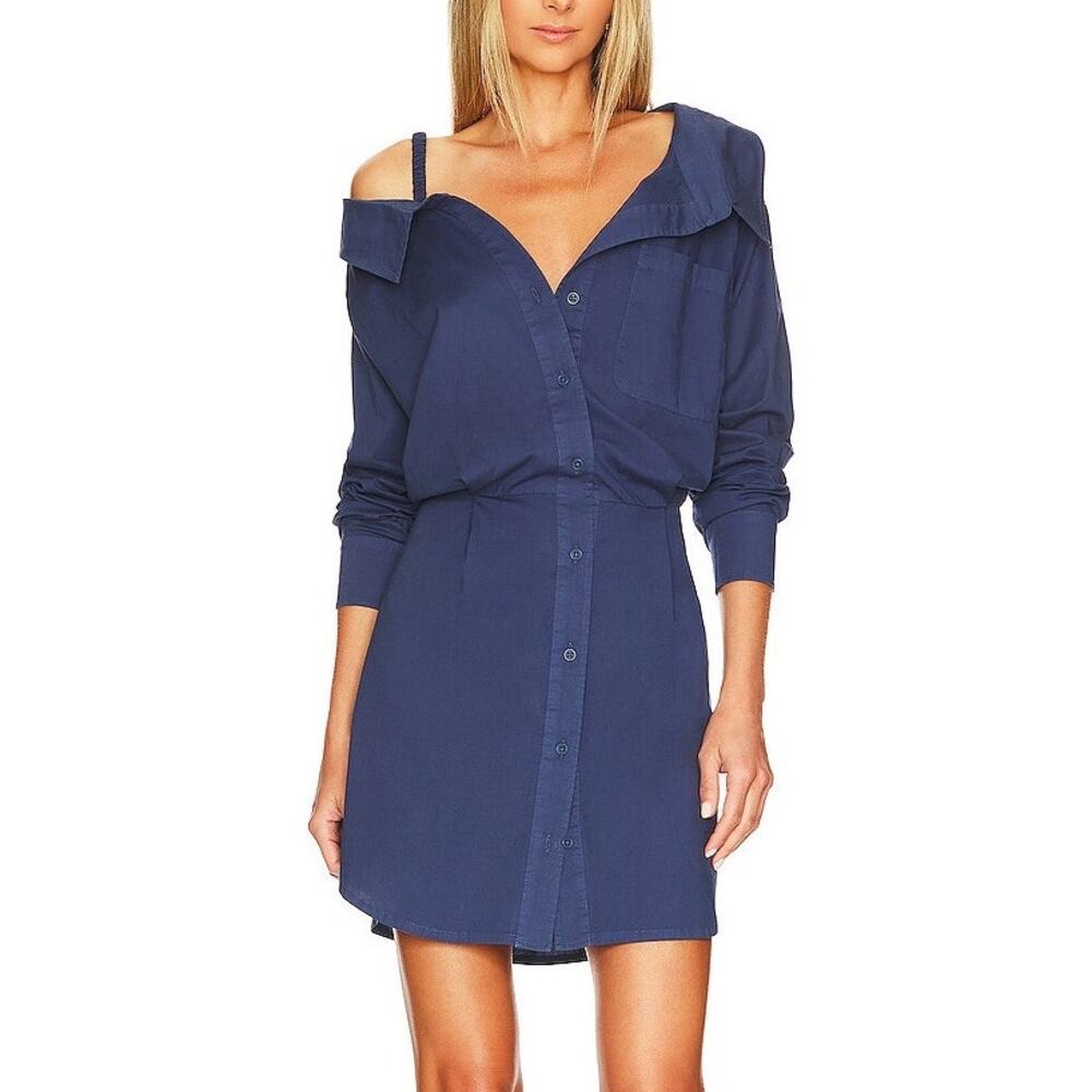 Monrow Navy Stretch Poplin Cotton Blend Button Up Long Sleeve Mini Shirt Dress